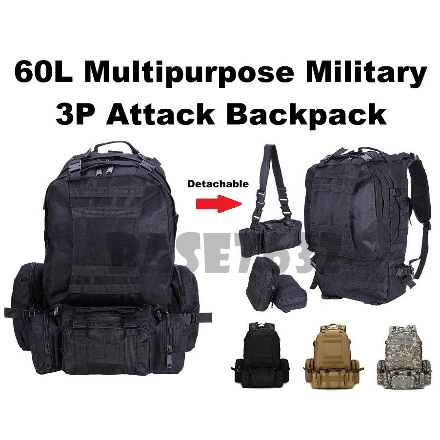 60L Tactical Multipurpose Detachable Army Military 3P Attack Backpack