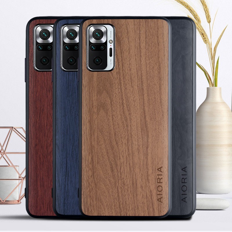 SKINMELEON Xiaomi Casing Redmi Note 10 Pro Casing Wooden Pattern PU Leather Case TPU Protective Cover Phone Case
