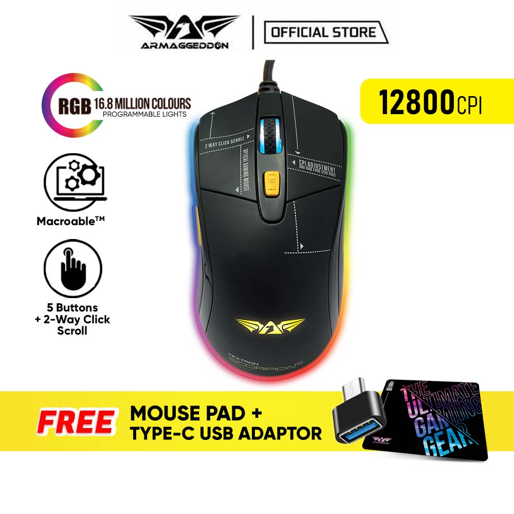 Armaggeddon Scorpion 5 Wired 12800 CPI RGB Gaming Mouse 5 Button Programmable and Macroable [Free Mouse Mat + USB-C]