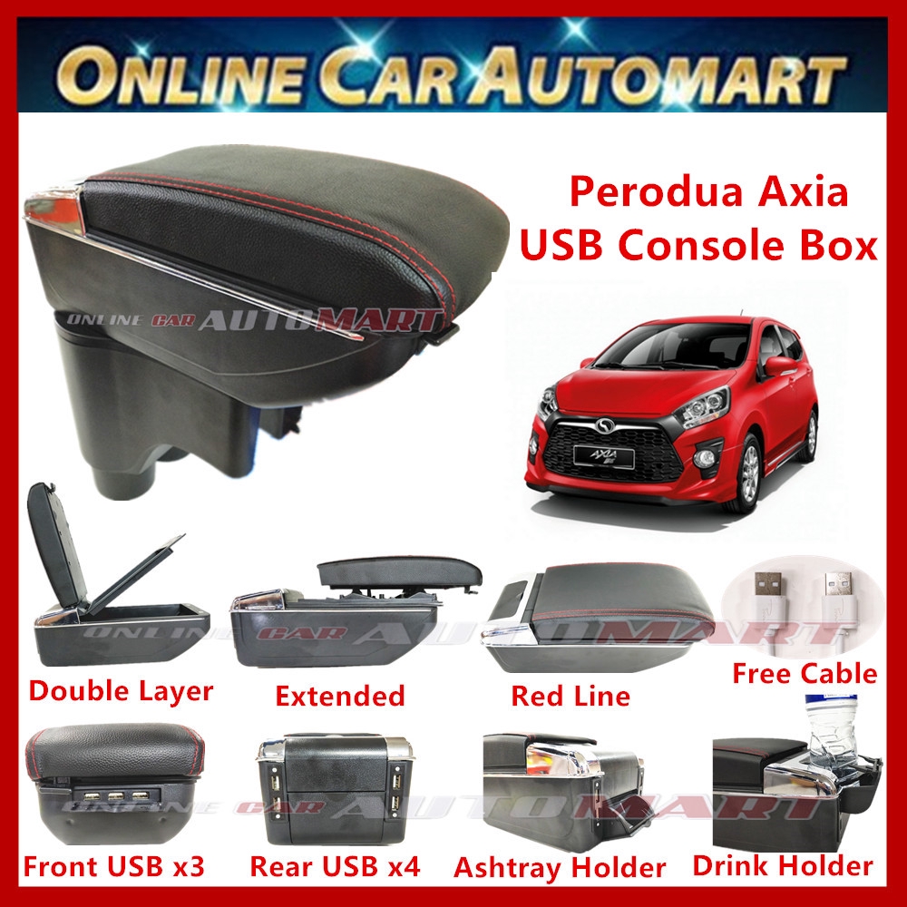 Perodua Axia 7 USB Charger Port PVC Adjustable Arm Rest/Armrest Center Console Box (Red Line)