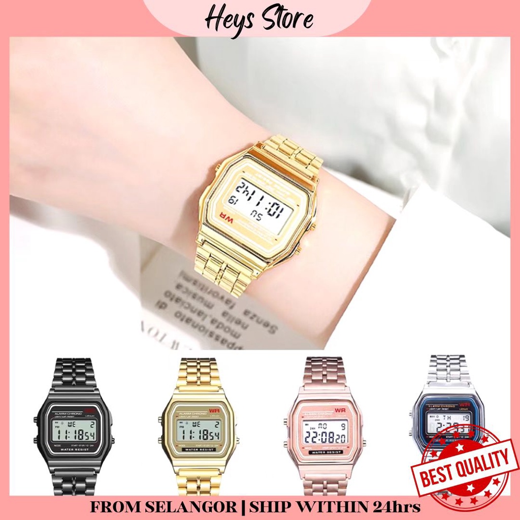 Heys Unisex LED Digital Wrist Watch Vintage Stainless Steel Band Sports LCD Watch Jam Tangan Gold Wanita Lelaki