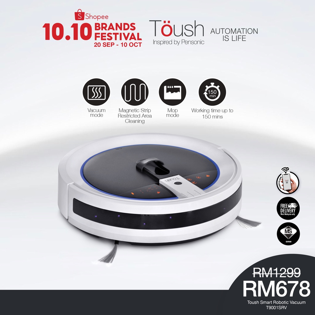 TOUSH Smart Robot Vacuum C/W Smartphone App/Sensors/Map Recognition