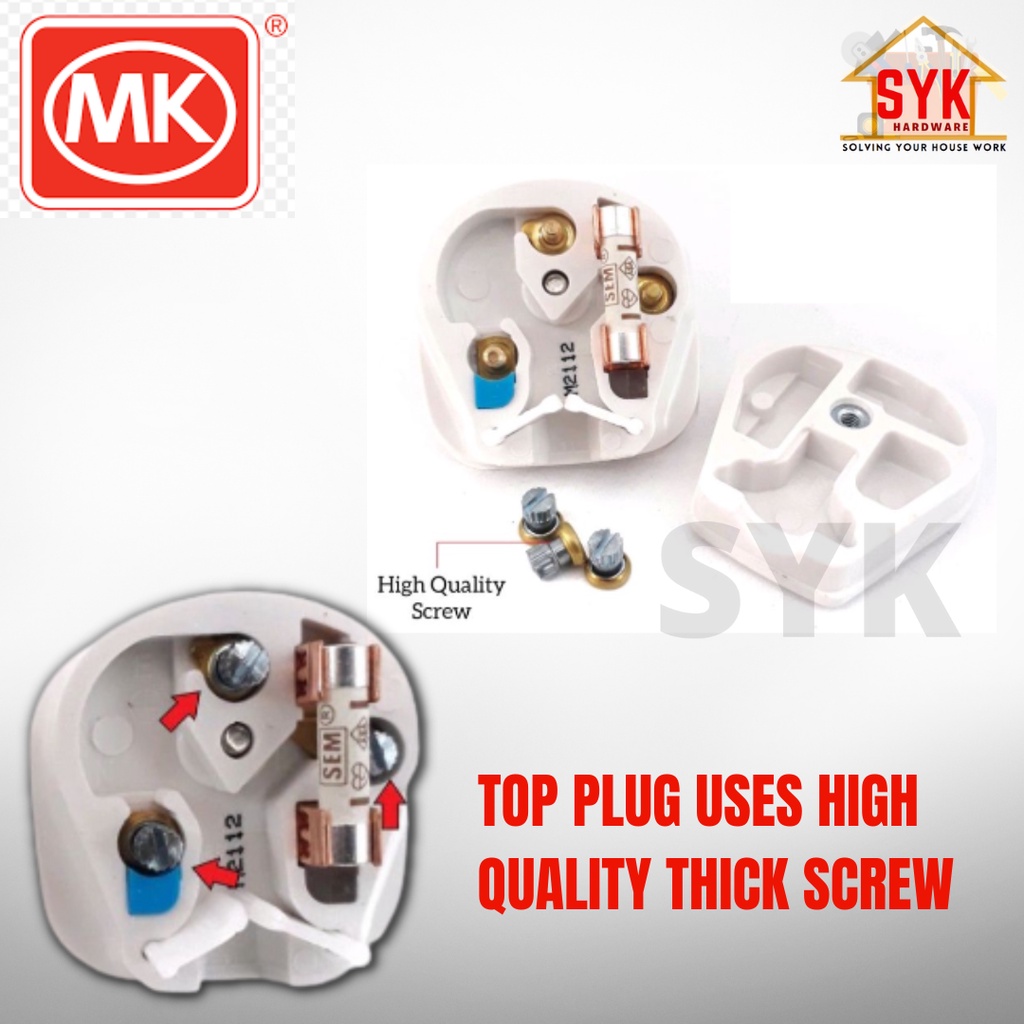 SYK MK 646 WHI 13A Heavy Duty 3 Pin Bakelite Fused Top Plug Kepala Plug