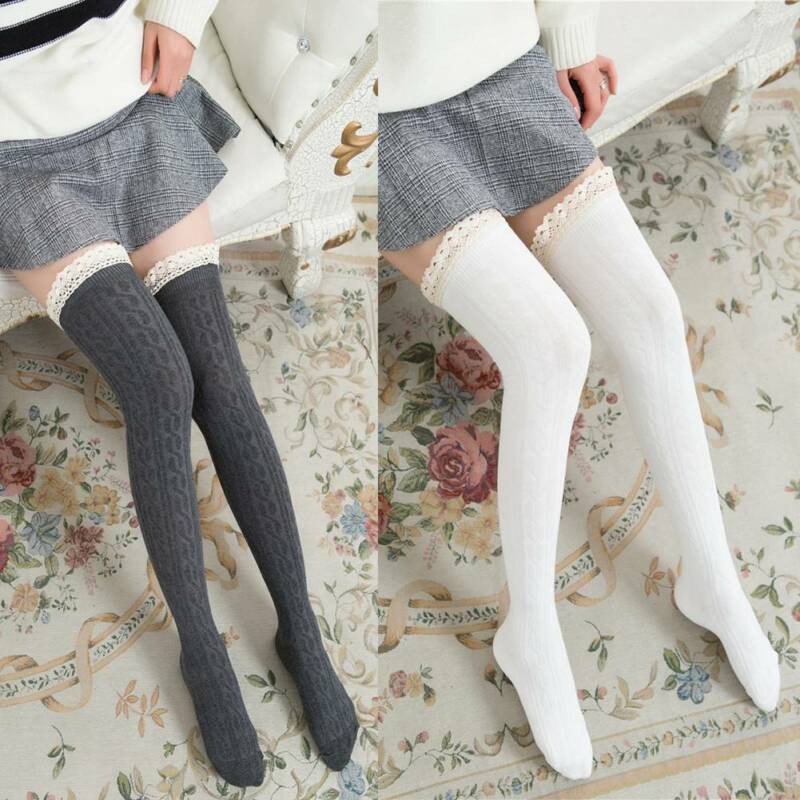 100 Cotton Over Knee Long Socks Lace Knit Warm Soft Thigh High