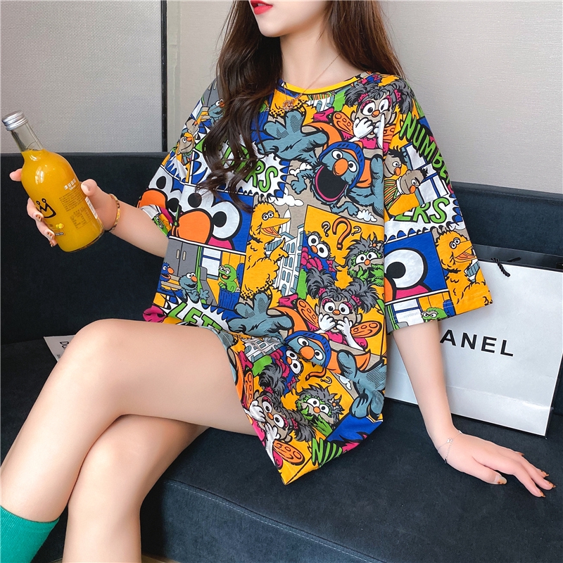 Sesame Street Graffiti Street T-shirt Super Fire Cec Short Sleeve Mid-length T-shirt Female Korean Loose Cartoon Top