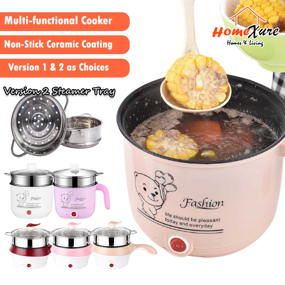 HomeXure - MULTI COOKER 1.5L/1.8L Non Stick Electric Pot/Mini Rice Cooker With Steamer Ceramic Frying Pan Periuk Nasi