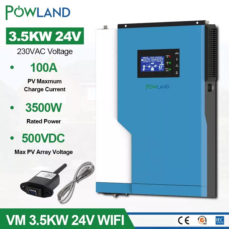 POWLAND 3.5KW Hybrid Solar Inverter Pure Sine Wave 24V 220V 100A MPPT