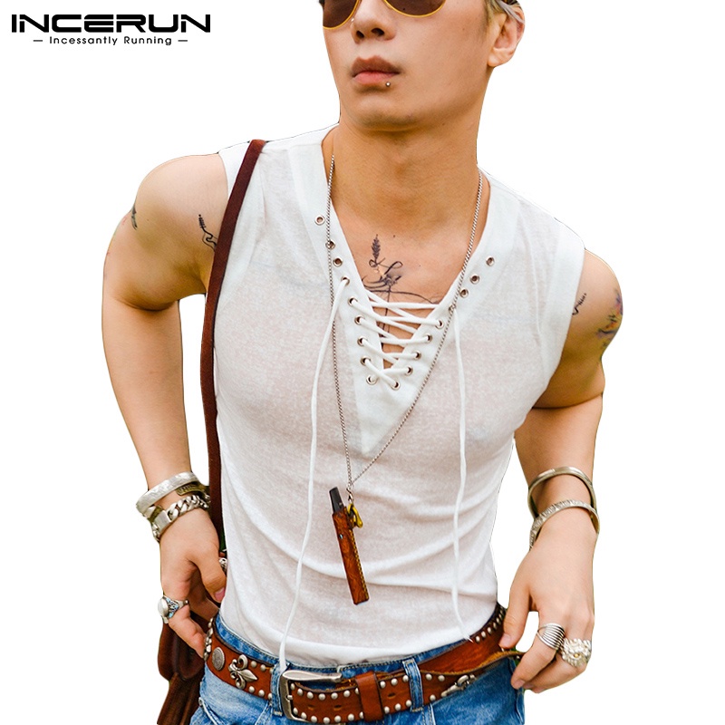 INCERUN Men Retro Comfy Lace Up V Neck Sleeveless White Slim Fit Tank Tops