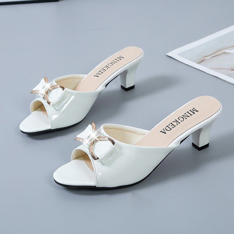 Korean version fashion all-match bow stiletto high heels women's outer wear medium-heeled fish mouth slippers large size sandals women's shoes Bow Stiletto Pumps Fish Mouth Slippers Large Size shihuol
