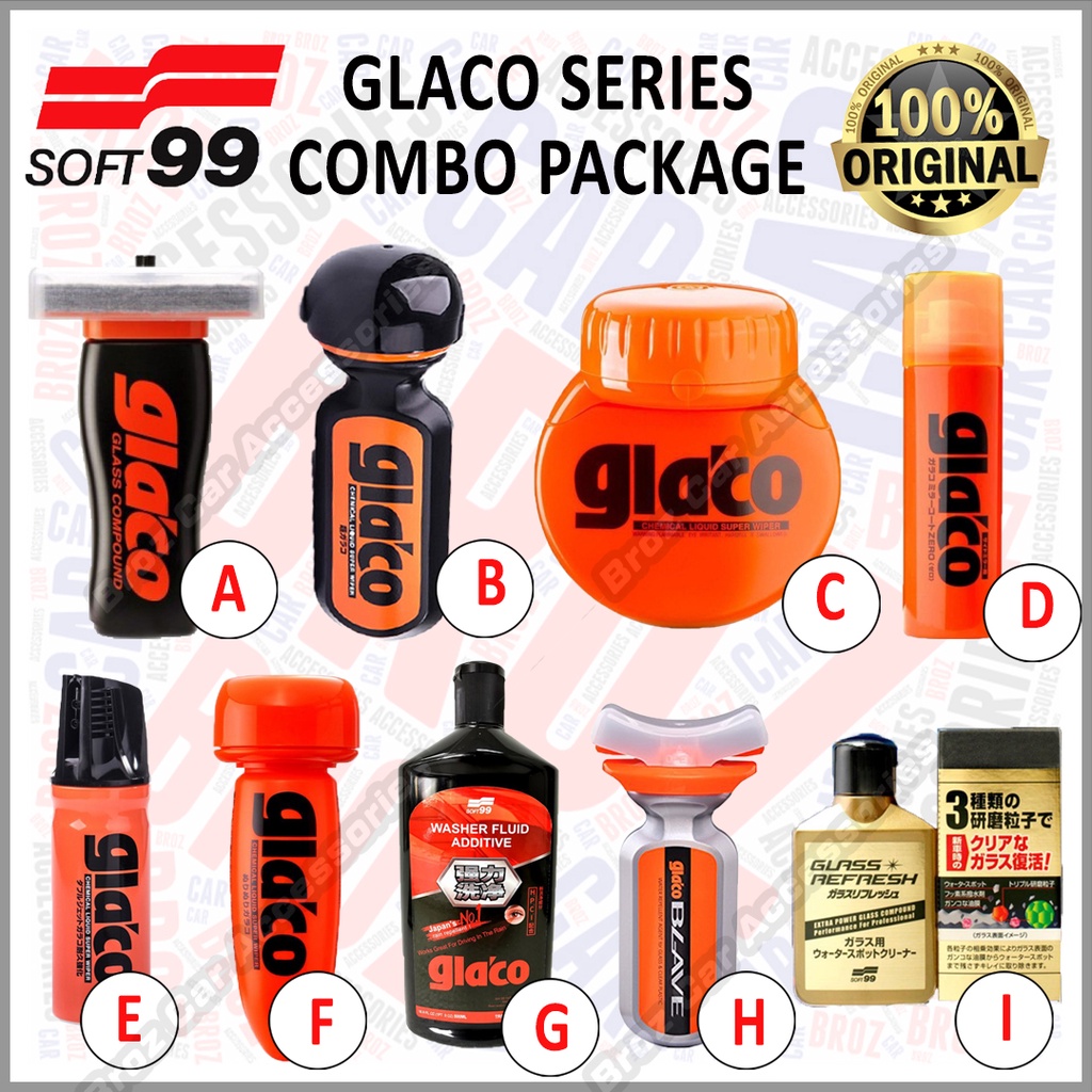 Soft99 Glaco Series Ultra Glaco/ "W" Jet Strong/ Mirror Coat Zero/Glass Compound Roll On/ Roll On Large/ Stain Cleaner