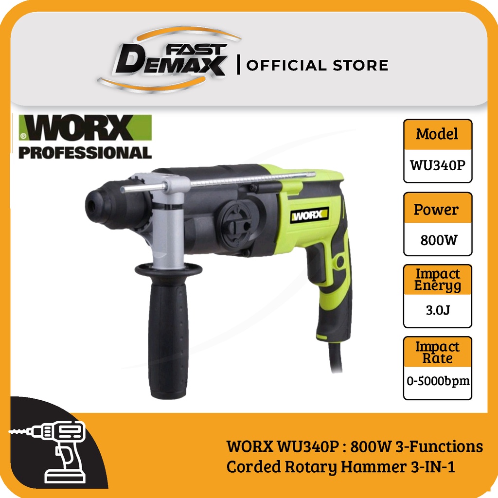 WORX WU340P 800W 3Functions Corded Rotary Hammer 3IN1 / 3F Drill