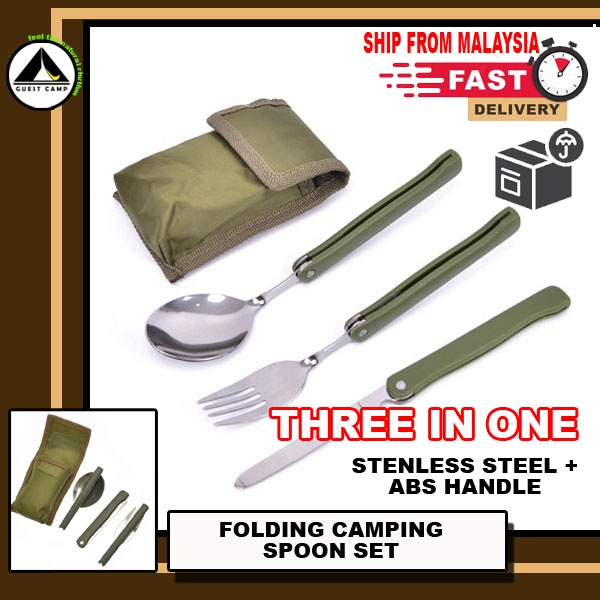 Stainless Steel Portable Folding Cutlery Set Fork With Army Green Pouch