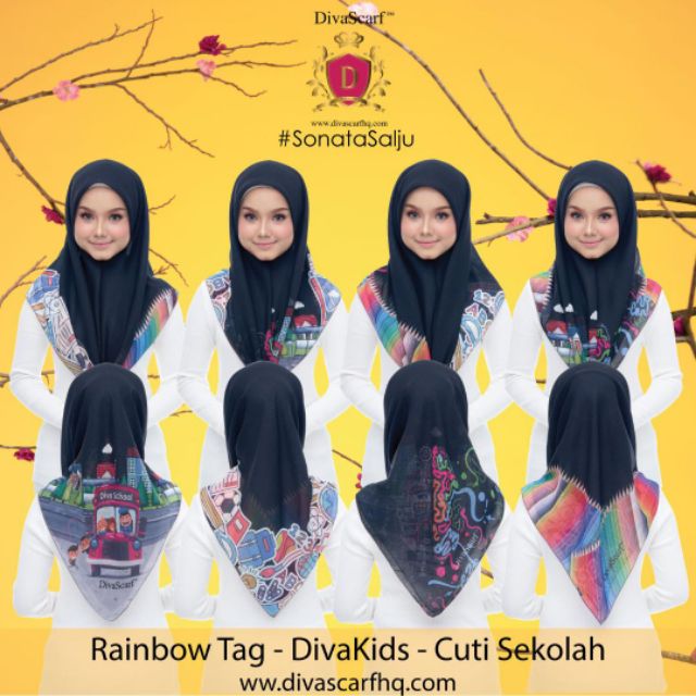 Rainbow Tag Bawal DivaKids Cuti Sekolah Tudung Bawal Printed Corak Budak DivaScarf Ready Stock SonataSalju