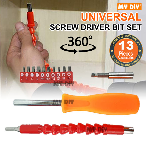 MYDIYHOMEDEPOT 13PCS FLEXIBLE SHAFT SCREWDRIVER BIT SET UNIVERSAL CORDLESS DRILL FLEXIBLE