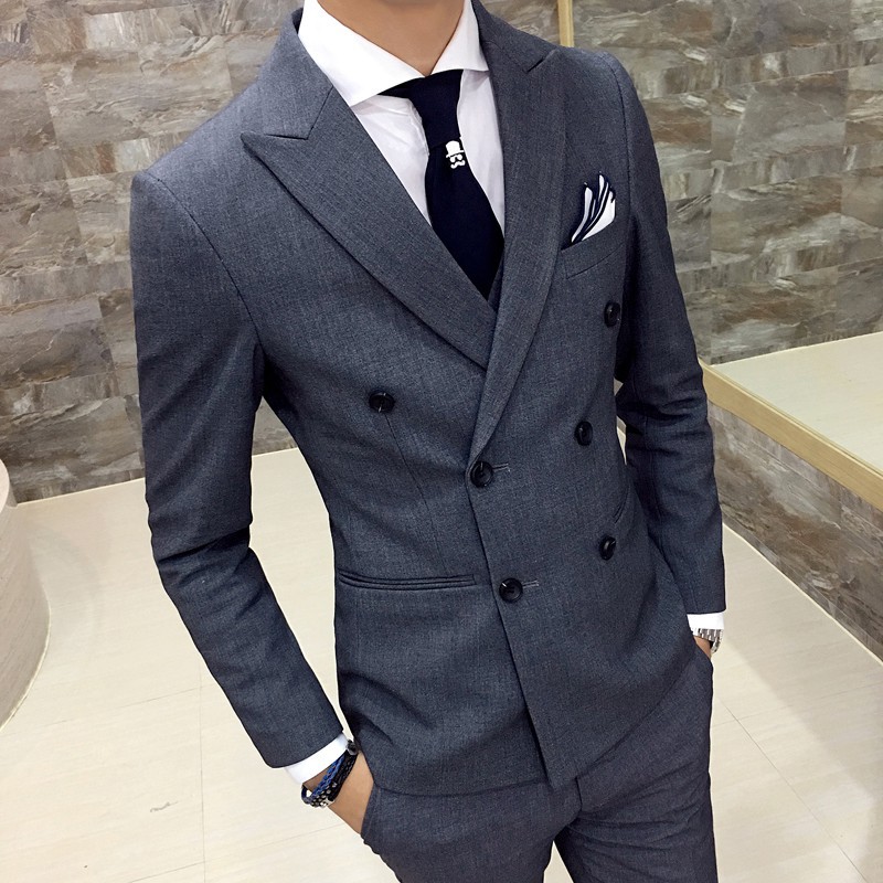 Men Blazer 2020 autumn double-breasted Slim thin gray double-breasted suit coat