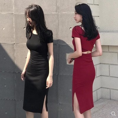 Women's Korean Style Bag Hip Sexy Mid Length Slit Short Sleeve Backless Dress