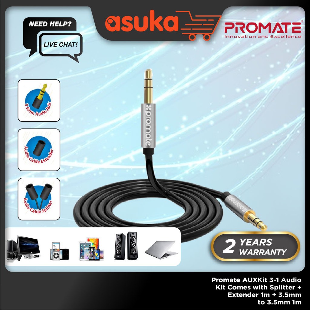 Promate AUXKit 3-1 Audio Kit Comes with Splitter + Extender 1m + 3.5mm to 3.5mm 1m