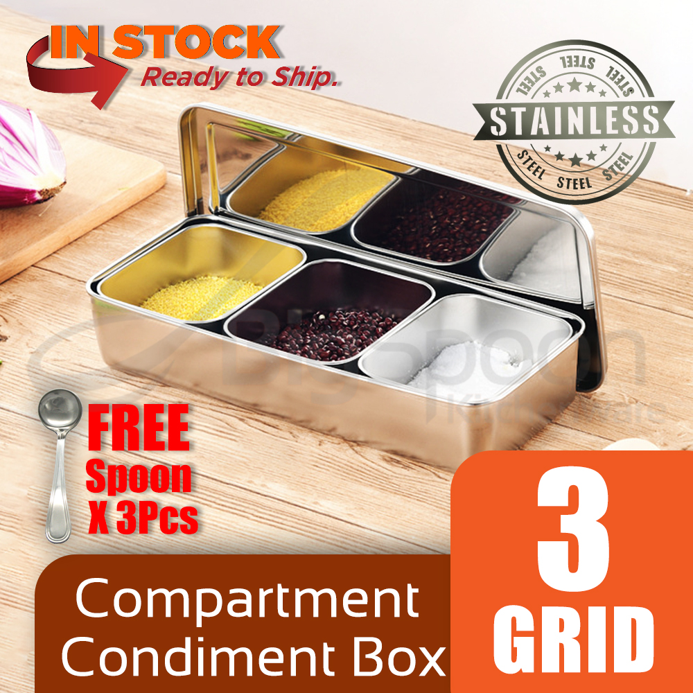 [Ready Stock] BIGSPOON 3-Grid Stainless Steel Seasoning Box Spice Condiment Storage 日式三格不锈钢调味盒 [3CBS-SS]