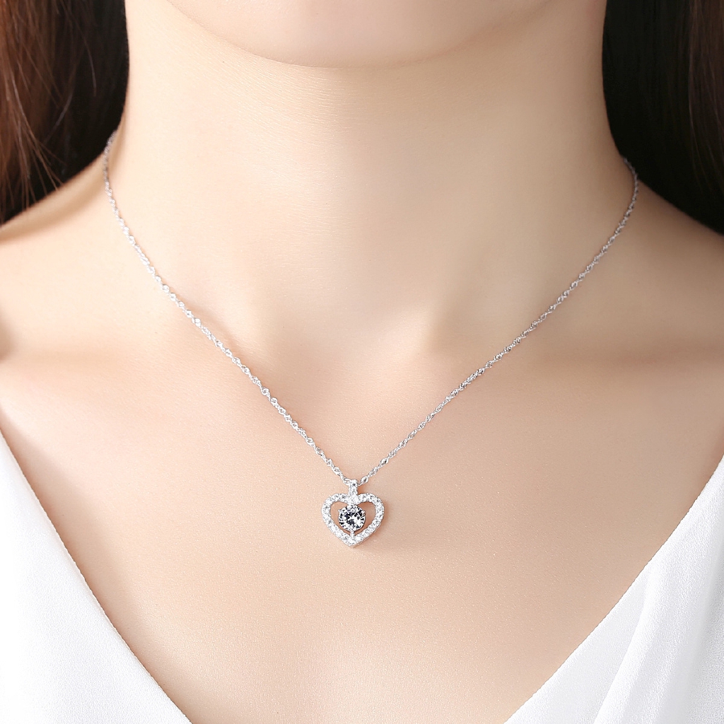 SSA Korean 925 Silver Classic Love Heart Necklace / Rantai Leher Inlay Zircon Pendant CA1