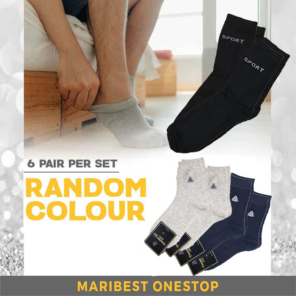 RANDOM COLOUR SOCKS 6PAIRS PER SET FOR WORK CASUAL SPORTS CREW LENGTH SOCKS COMFORTABLE AND SOFT QUICK DRY BREATHABLE