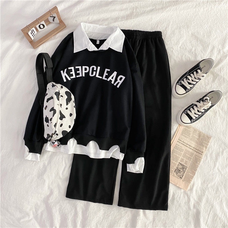 2PCS / Single Set Leisure Two Piece Set Women Thin Type White Collared Students Korean Version Ins Casual Cantik Printed Letters Casual Sweater Wide Legged Stretchable Waist Pants