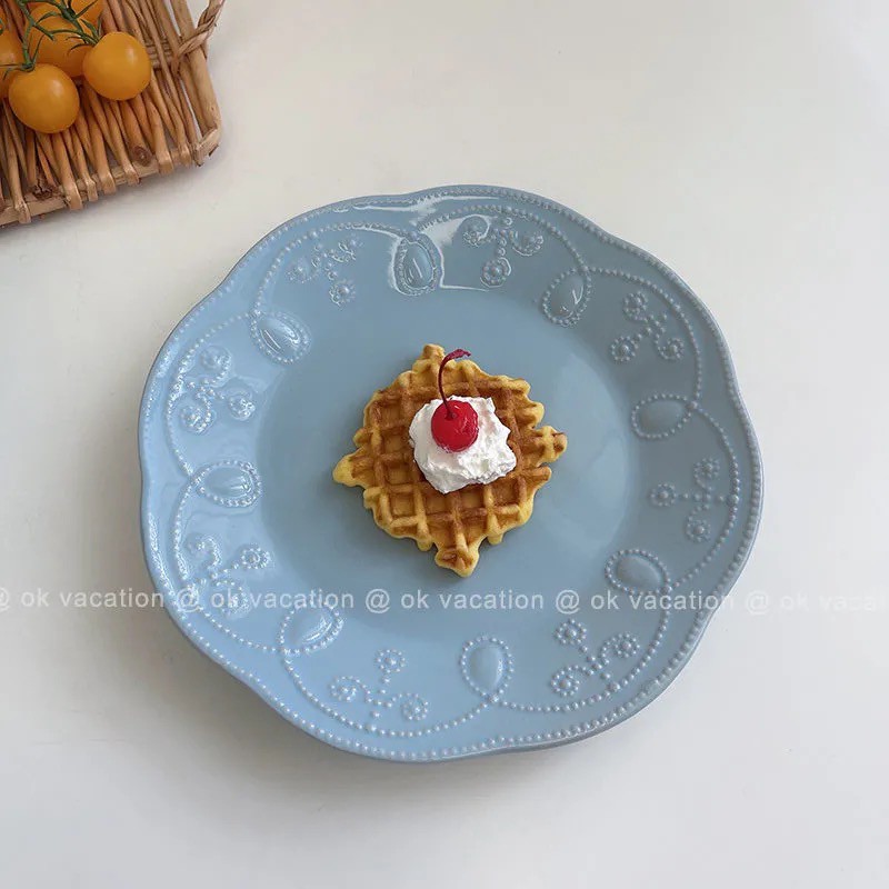 INS Classic Nordic Vintage Lace Blue Three Dimensional Embroidery Unique Plate and Bowl Set Individual Kitchen Tableware Dinnerware Gift Unique Trendy Dinner Lunch Breakfast Brunch Daily