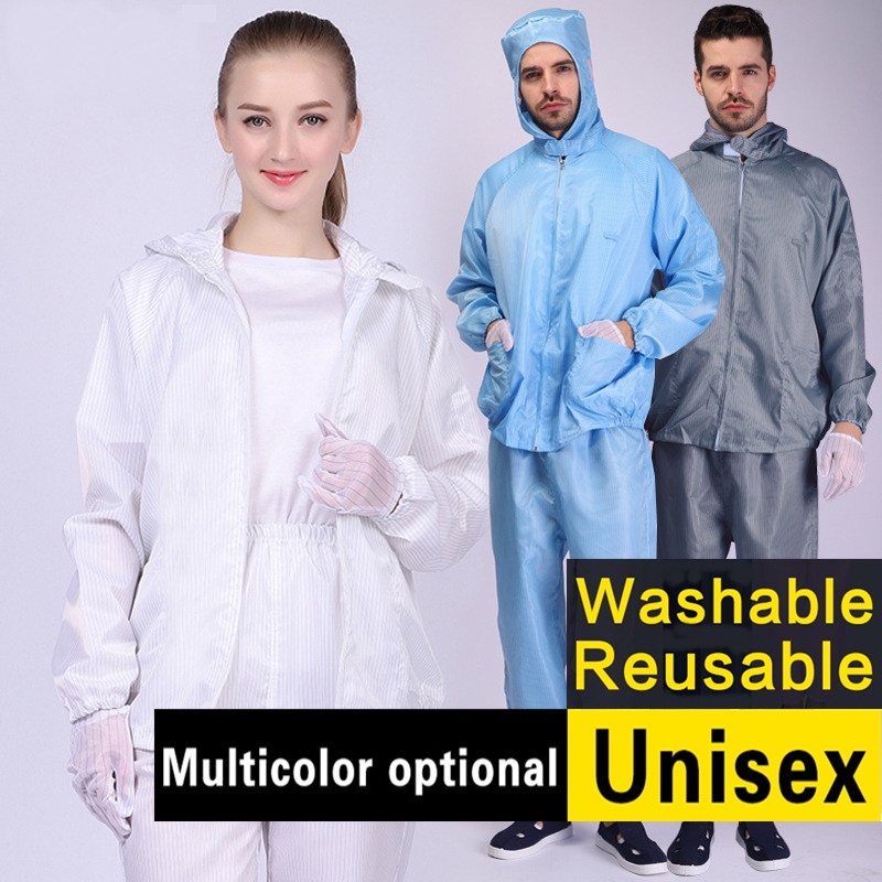 Cleanroom suit 2 in 1 Ppe Protective Suit Washable Antistatic Coverall Men Work Wear esd Baju Bengkel Working Overall Workshop Clothes Jacket Kerja and Pants Lab suit labour Worker Electronic Food Safety Factory Kilang Uniform Chemical Clothing