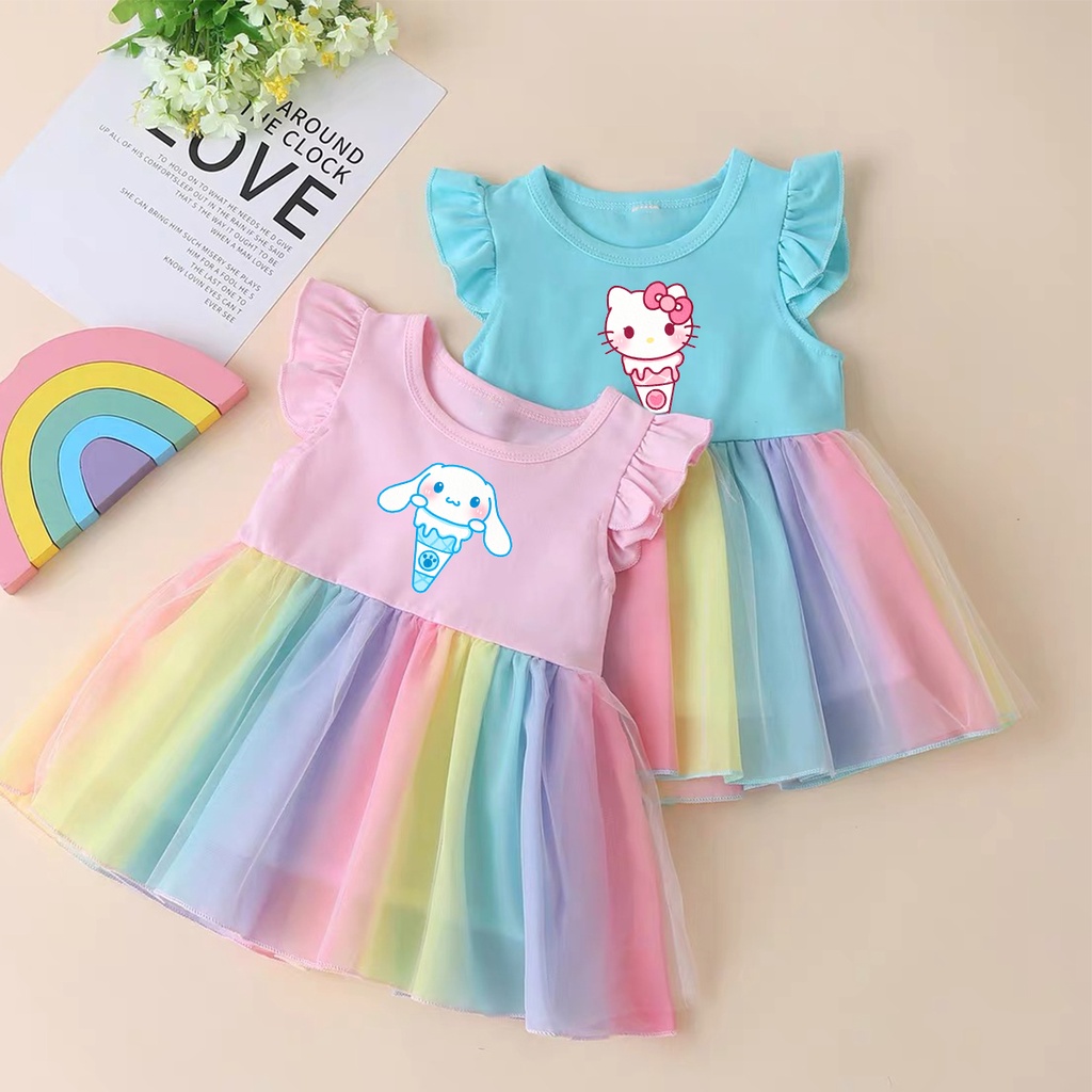 Hello Kitty Girls Rainbow Princess Dress Tutu Cinnamoroll Evening Dress