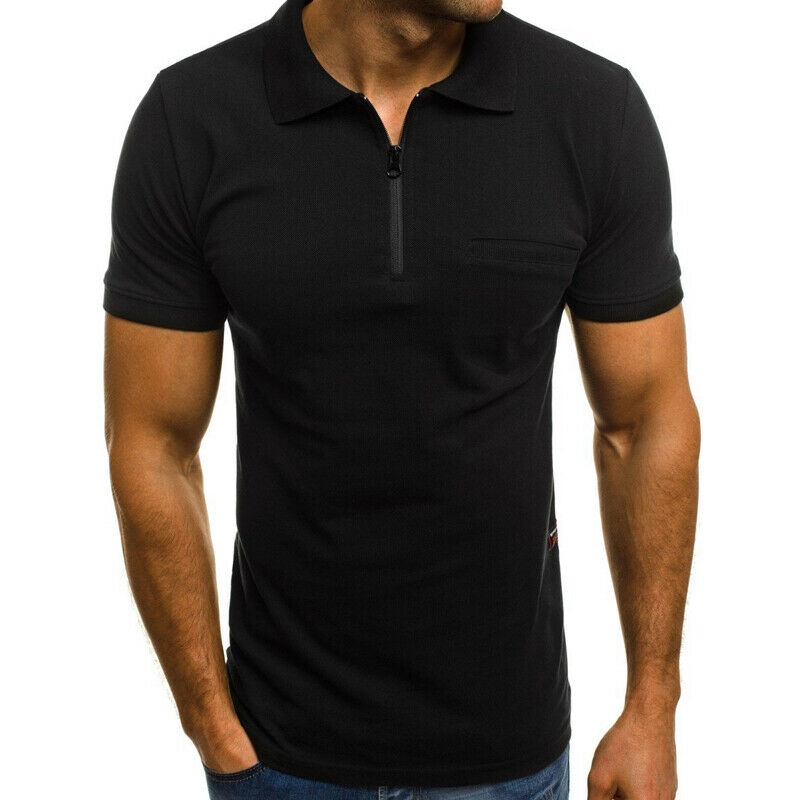 Mens Gym Polo Shirt Muscle Short Sleeve Zip Neck Business Sport Fitness
