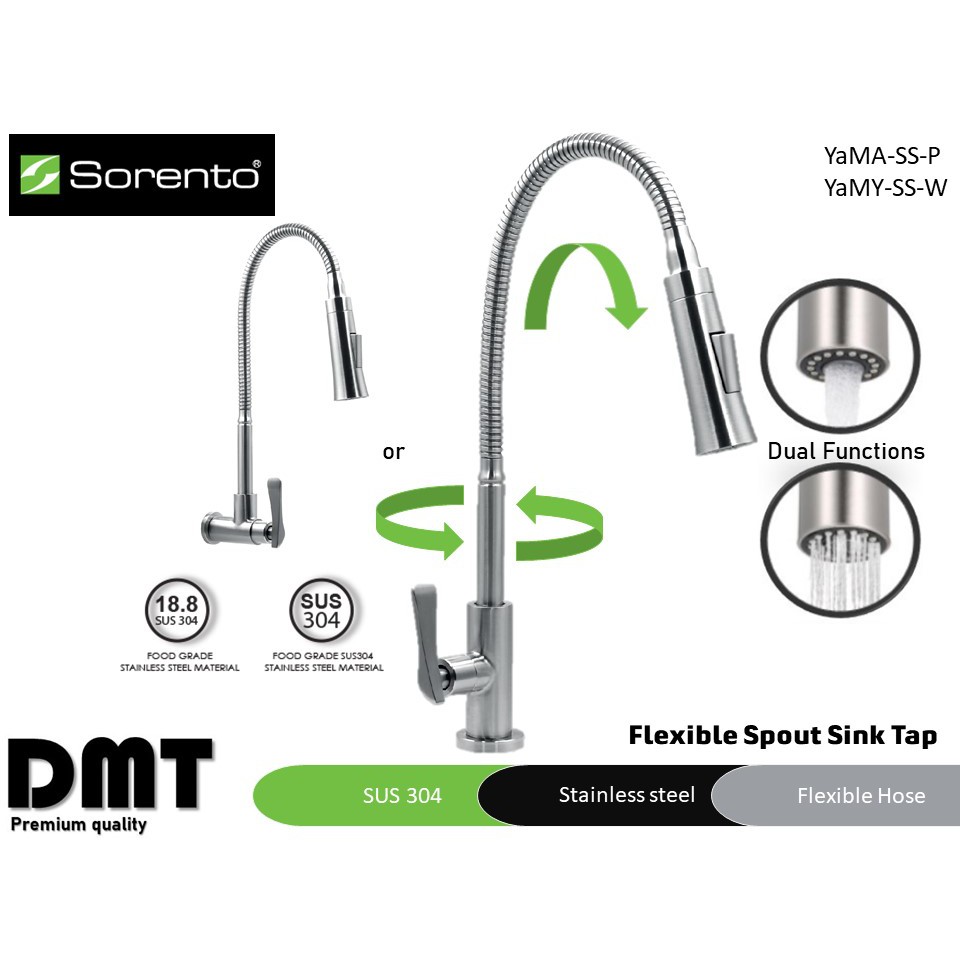 Sorento SUS304 Stainless Steel Flexible Sink Tap, Wall Tarble Pillar, Kitchen Dapur, Paip Sinki