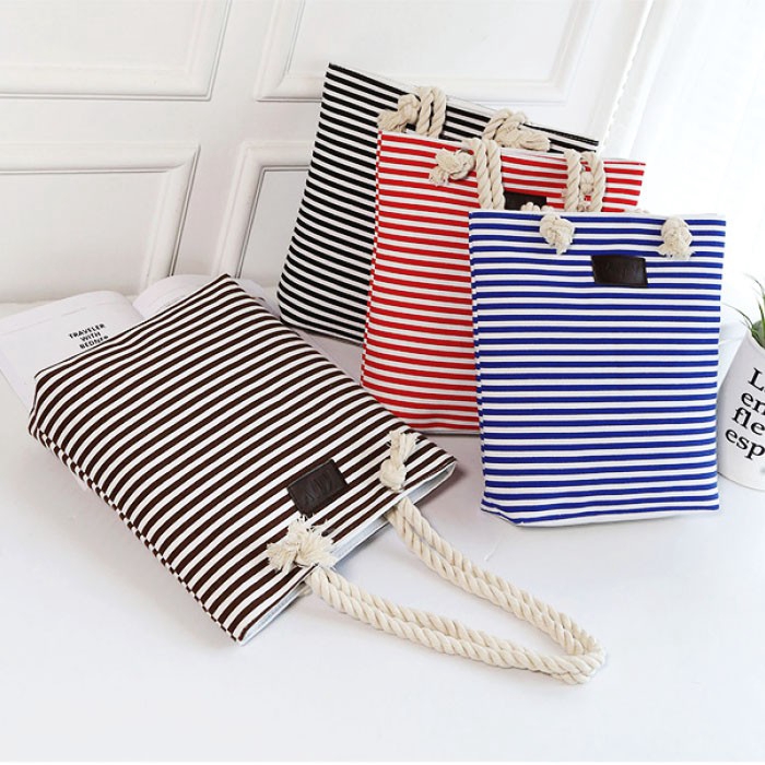 AGL Women Canvas Striped Hemp Rope Handle Shoulder Tote Bag BG3525