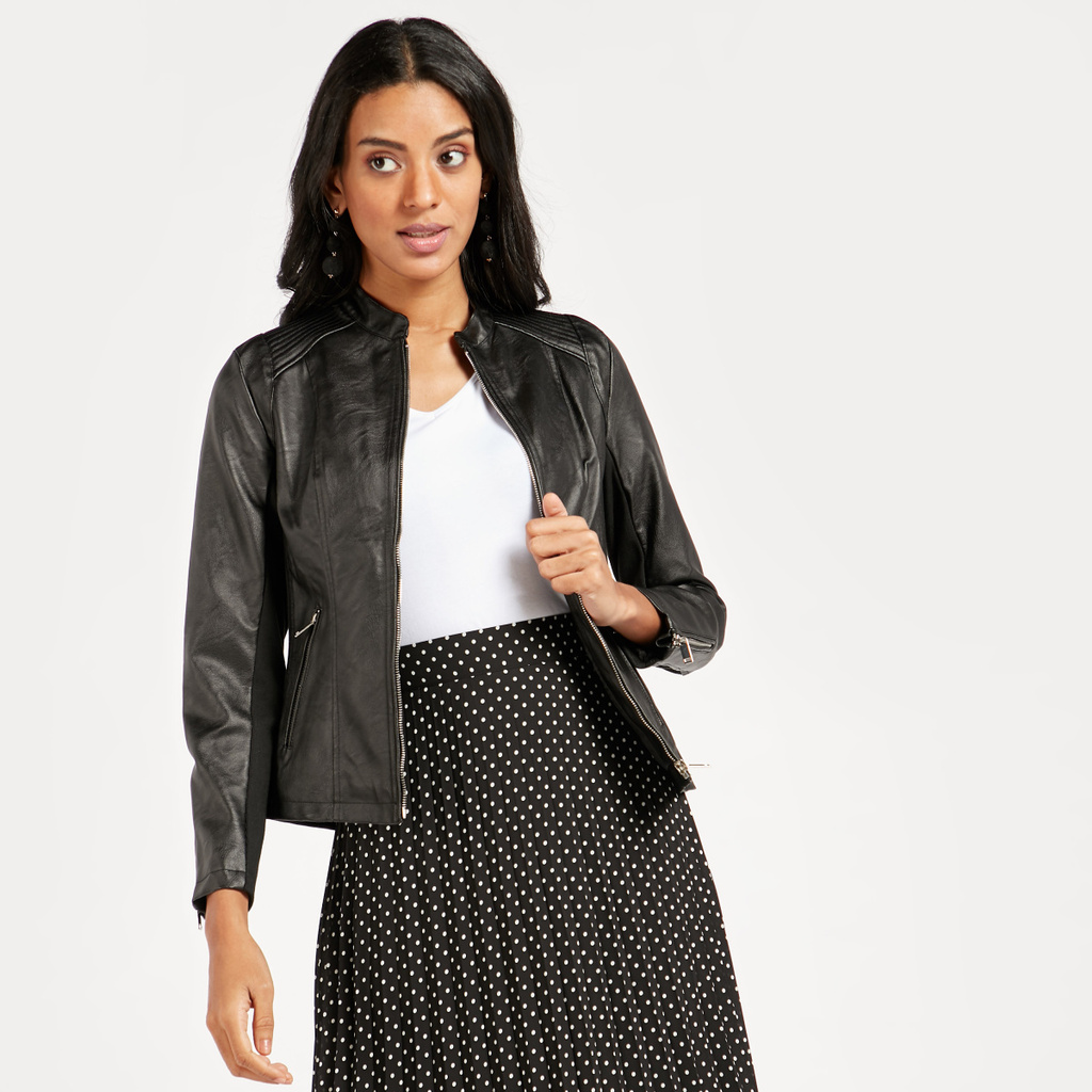 Max Fashion Solid Biker Jacket with Pockets and Long Sleeves