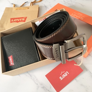 120 Cm LEV1'S Men Belts + Wallet With Box For Men Brown Genuine Leather Luxury Strap Male Belt + Purse