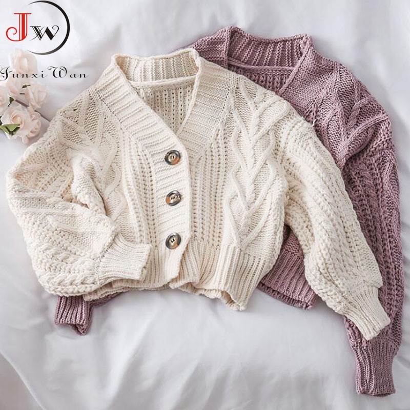 Women Cozy Knit Cardigan V-neck Long Sleeve Chic Short Sweater