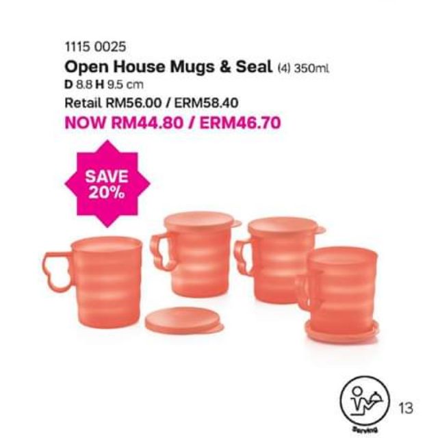 Tupperware (1set=4pcs) Open House Mugs with Seal Mug & Seals 350ml New Color Coral Blooms Salmon Red