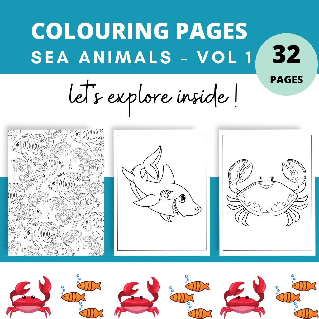 PDF Printable Colouring Pages, Sea Animals Theme | Vol 1 - 32 Colouring