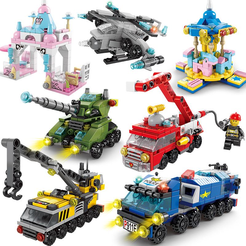 Ready Stocks Minifigure 6 In 1 Building Blocks DIY Police Car Fire Truck Castle Model