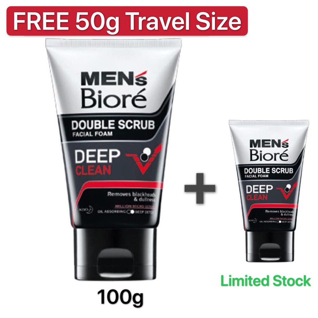 Biore Men's Double Scrub Facial Foam Deep Clean 100g FREE 50g Travel ...