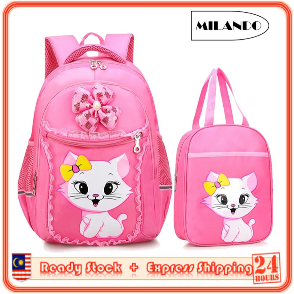 (2 Pieces) MILANDO Kid Girl Kitty Kitten School Bag Backpack FREE