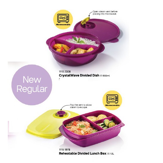 Tupperware Reheatable Divided Lunch Box 1.0L /Crystalwave Divided 900ml