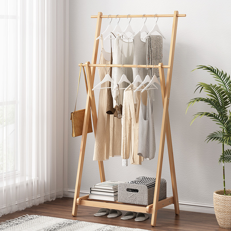 Solid wood clothes rack floor-to-ceiling bedroom clothes rack simple ...