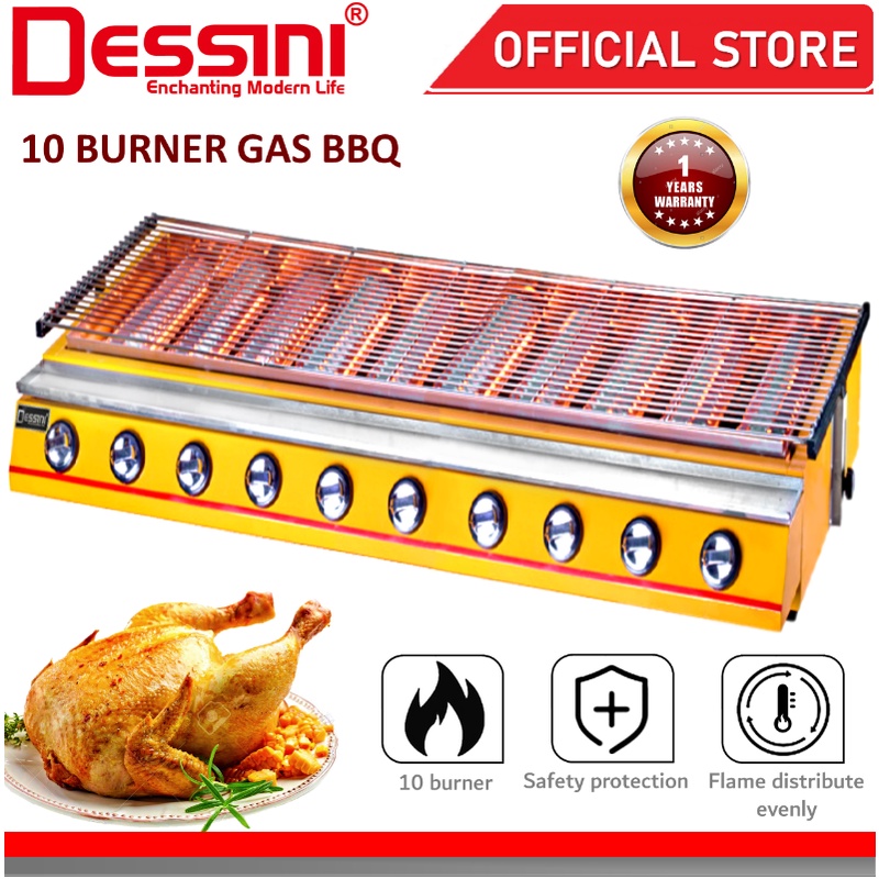 DESSINI ITALY CE Approval Stainless Steel Gas BBQ Grill Stove 2800Pa Non Stick Roast Bake Barbecue Roaster (10 Burner)