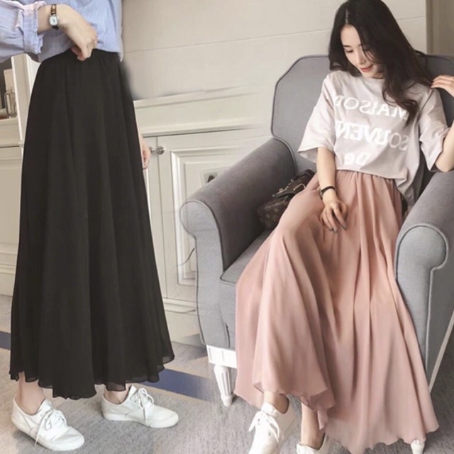 Women long skirt labuh kembang maxi skirt  women Dress chiffon white skirt kembang labuh vintage skirt woman maxi skirts high waist  muslimah skirts plain skirt READY STOCK