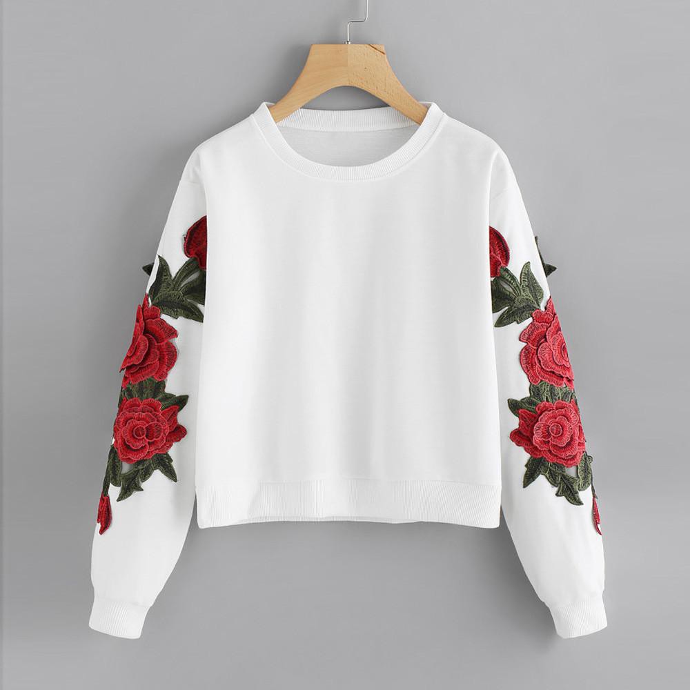 embroidered rose applique sleeve hoodie