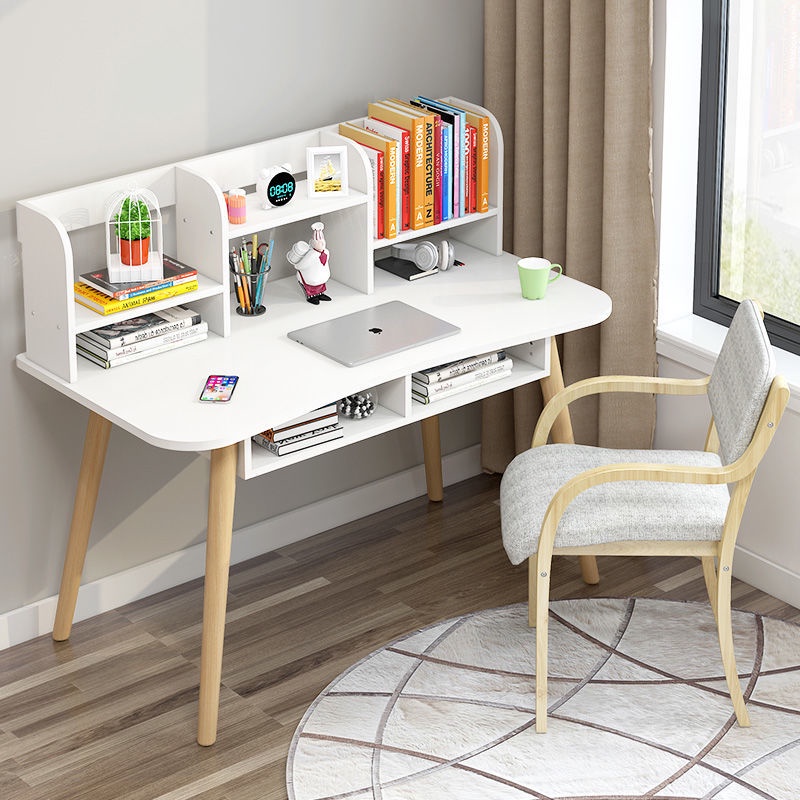 ♟Simple Computer Desktop Desk Desk Bookshelf Combination Simple Modern Home Student Solid Wood Writing Small Table Bedro