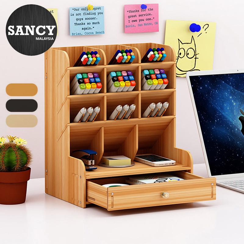Sancy Office Student Desktop Multi Layer Pen Holder Wooden Desk