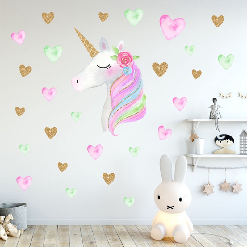 Unicorn Hearts Stars Wall Art Stickers Girls Bedroom Decals 64 Hearts Stars