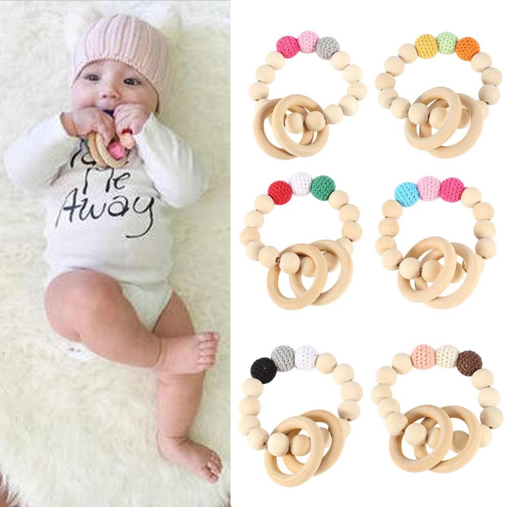 Handmade Wooden Baby Teether Bracelet Silicone Beads Teething Ring Infant Toys