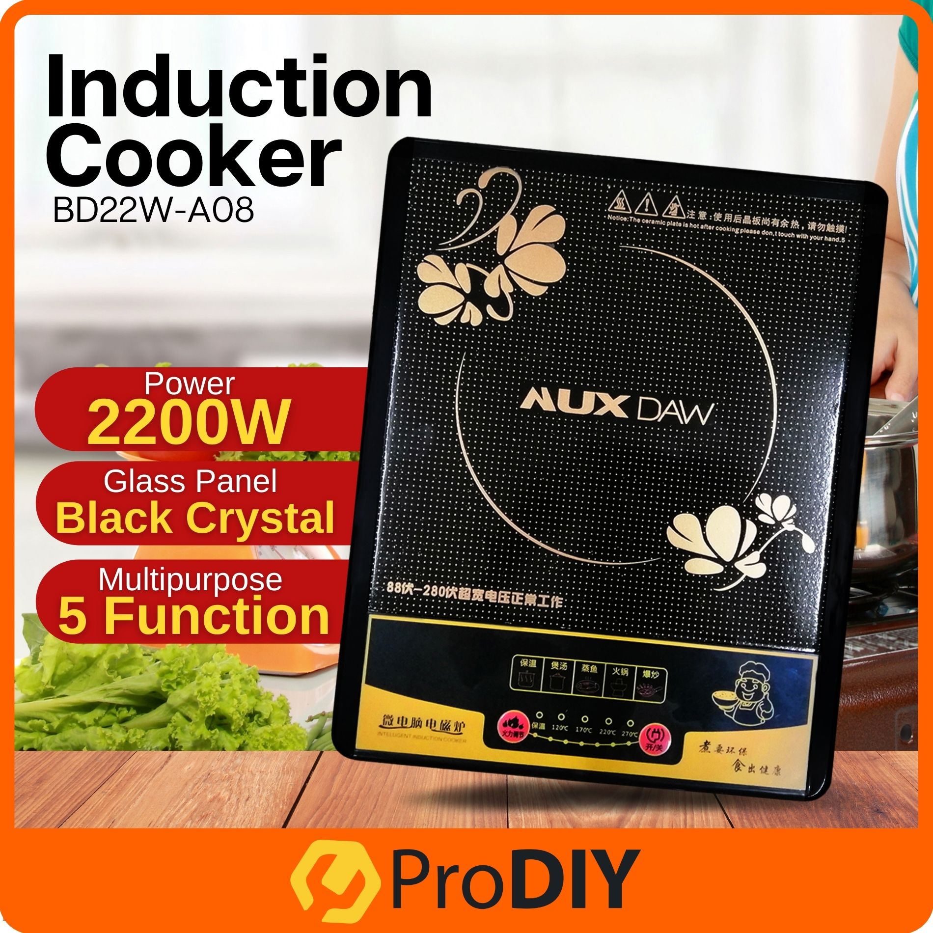AUXDAW 2200W Induction Cooker Electric Stove Portable Cooktop Black Touch Button 5 Funtion Dapur Memasak ( BD22W-A08 )