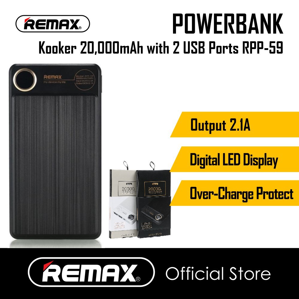 READY STOCK Remax KOOKER 20000 mAh LCD Power bank 20000mAh Dual USB Powerbank 2.1A RPP-59